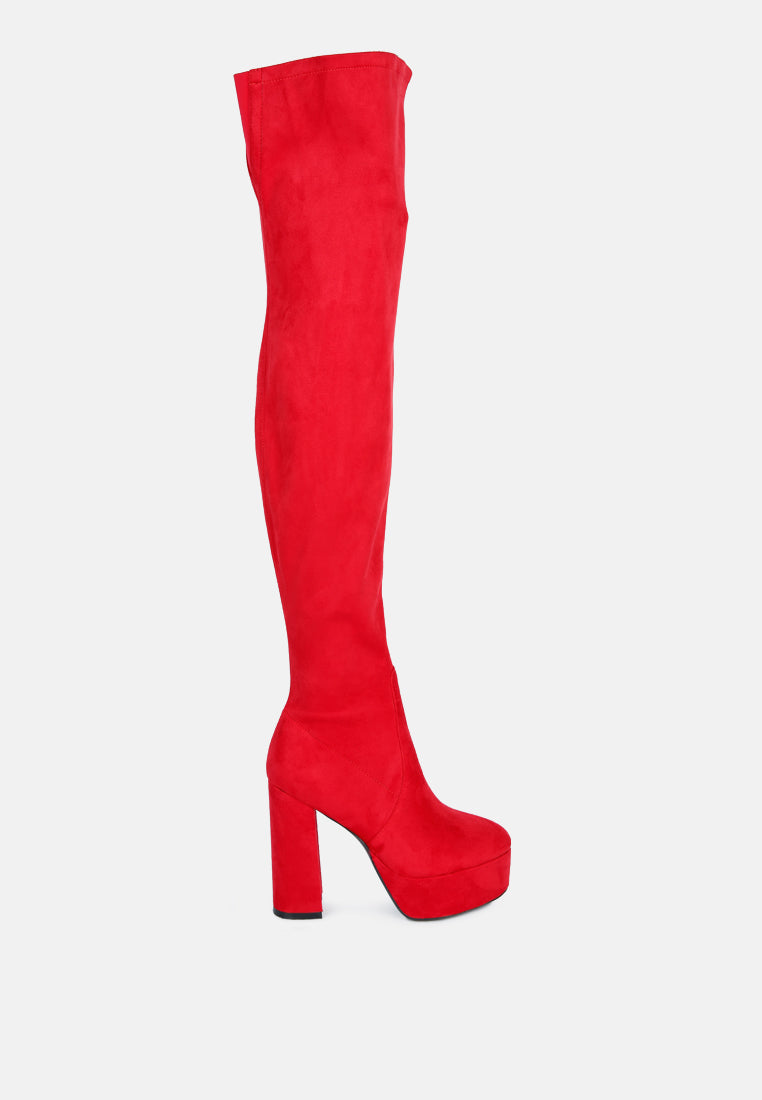 women bubble high block heeled over the knee boots#color_red