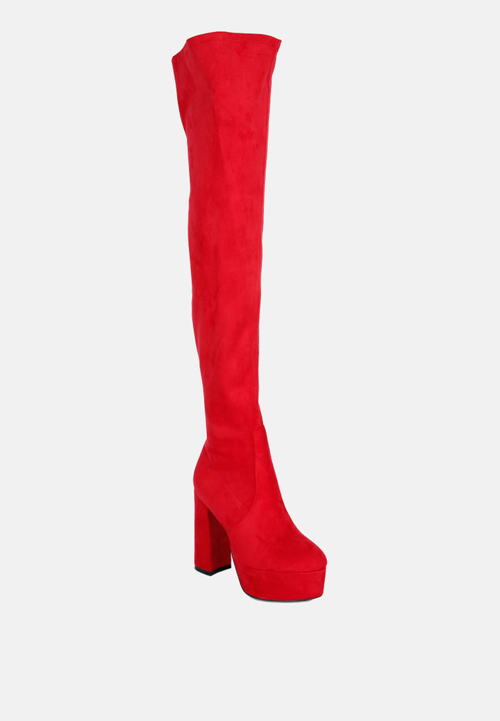 women bubble high block heeled over the knee boots#color_red