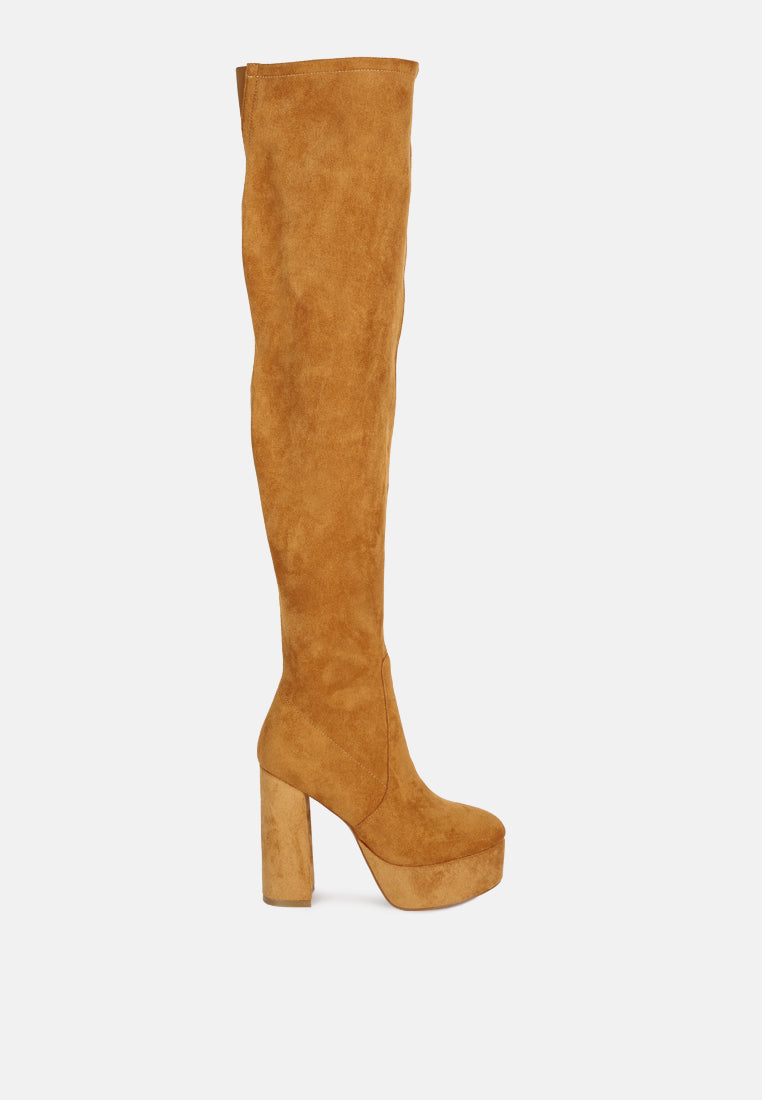 women bubble high block heeled over the knee boots#color_tan