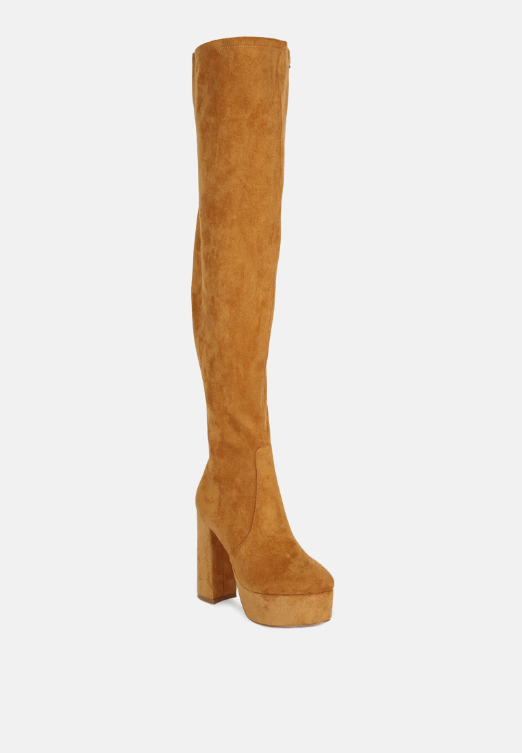 women bubble high block heeled over the knee boots#color_tan
