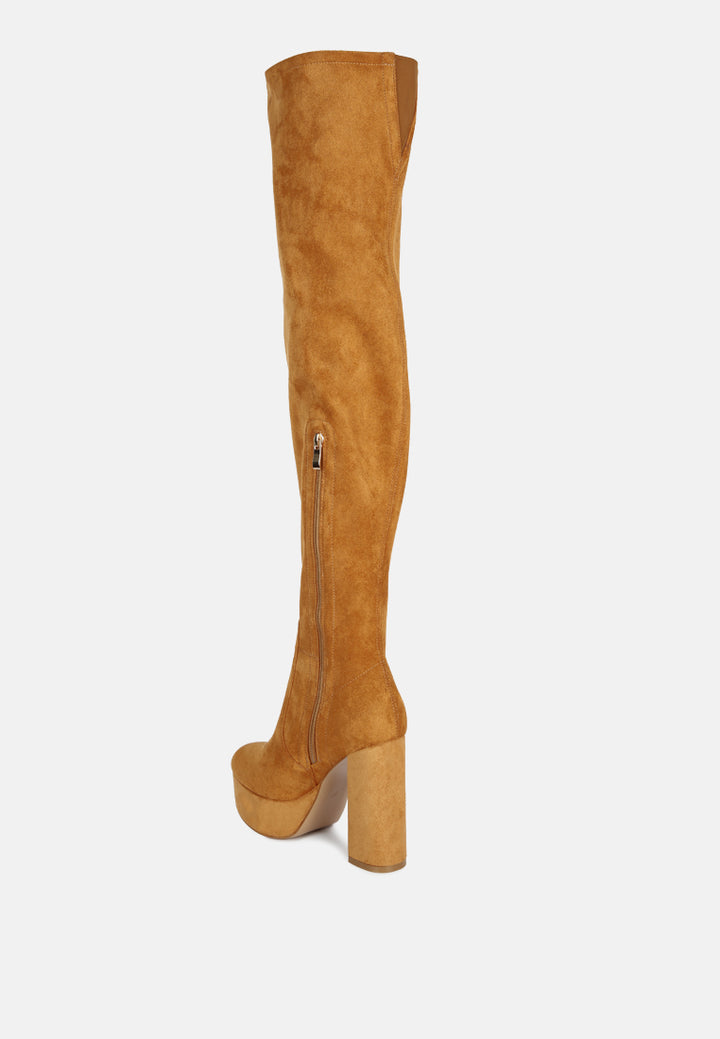 women bubble high block heeled over the knee boots#color_tan