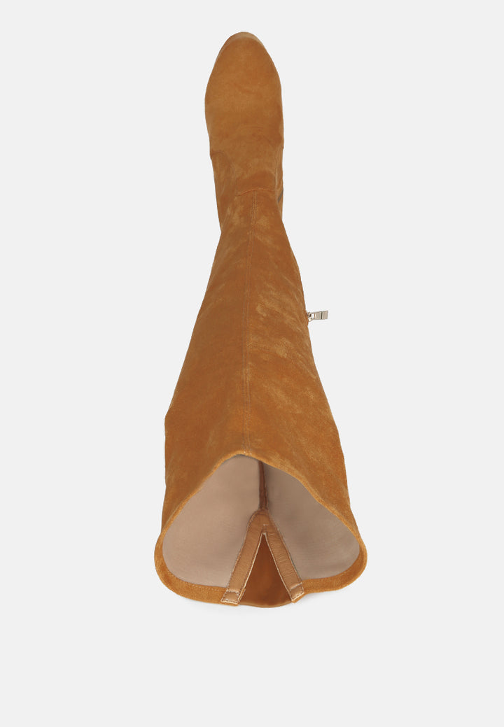 women bubble high block heeled over the knee boots#color_tan