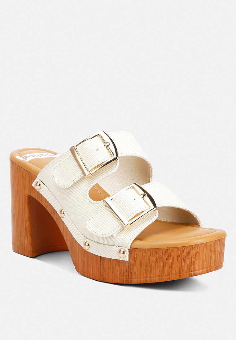 women buckle straps high block heel mules#color_tan
