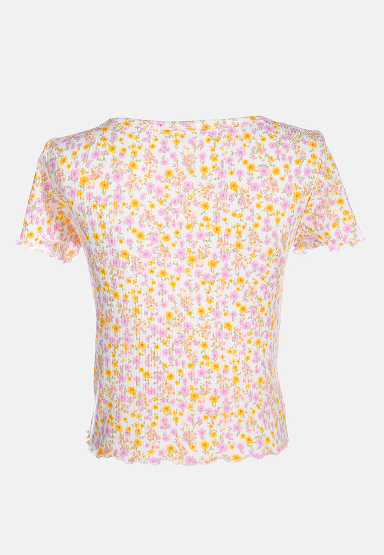 women casual short summer top#color_ivory floral