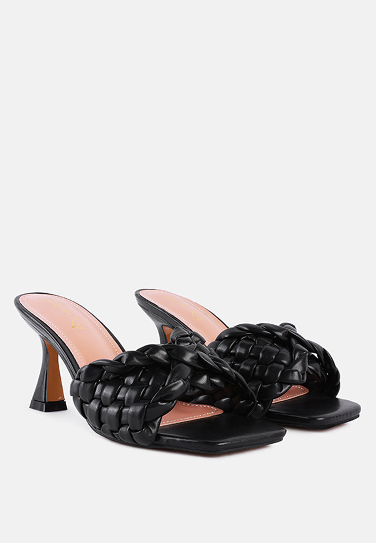 women woven strap mid heel sandals#color_black