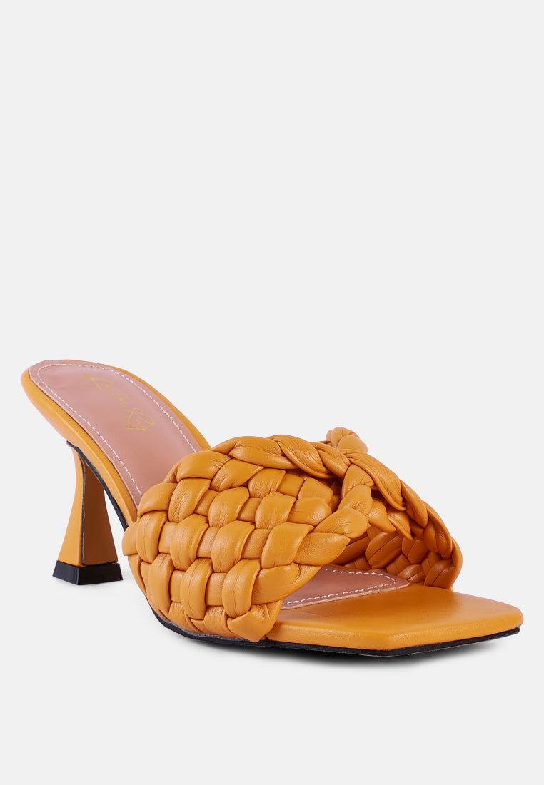 women woven strap mid heel sandals#color_yellow