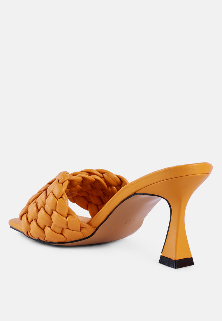 women woven strap mid heel sandals#color_yellow