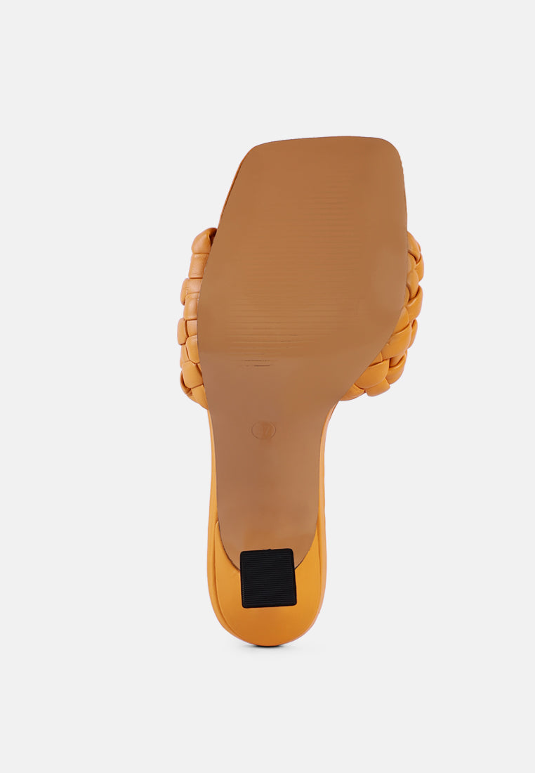 women woven strap mid heel sandals#color_yellow