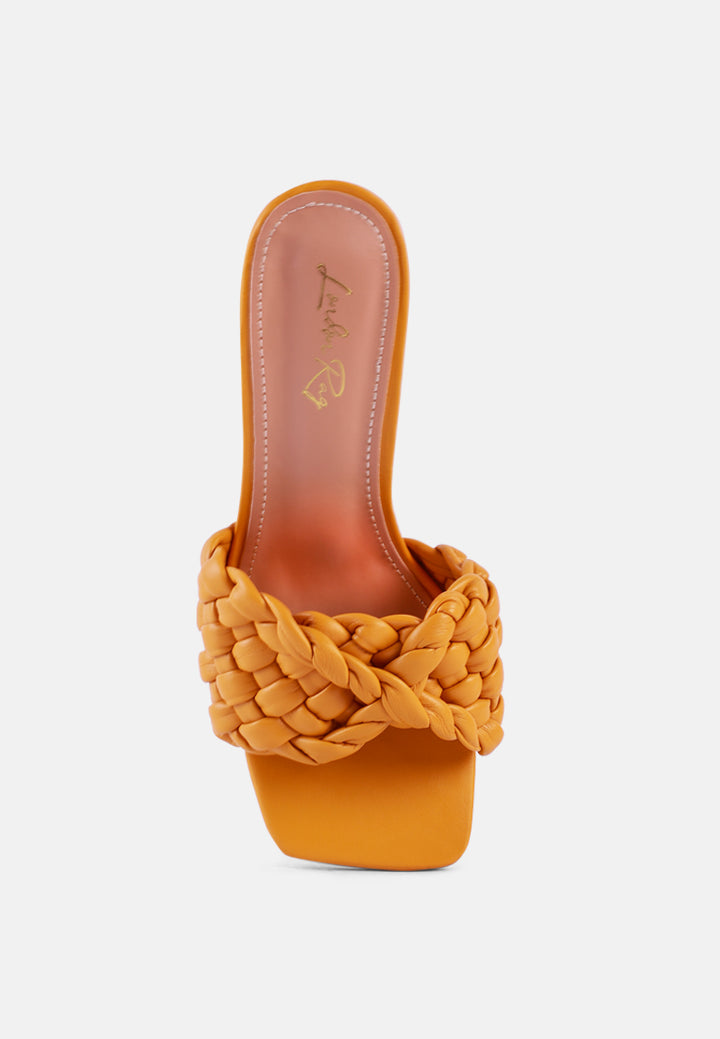 women woven strap mid heel sandals#color_yellow