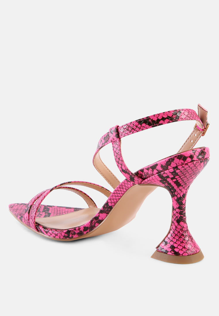 women snake print spool heel sandals#color_pink