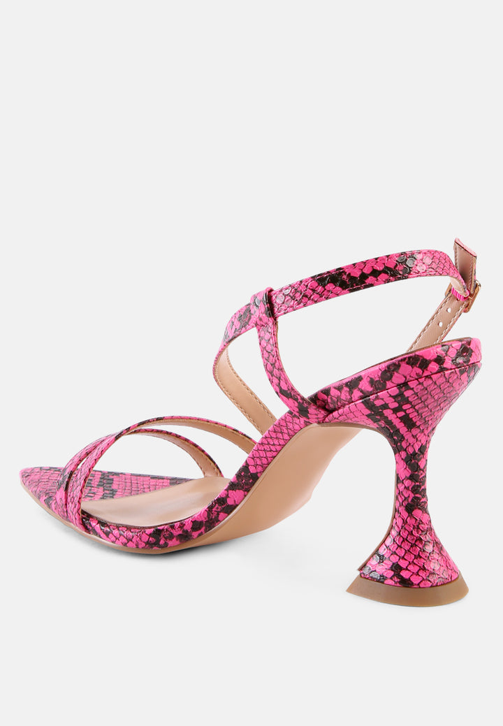 women snake print spool heel sandals#color_pink