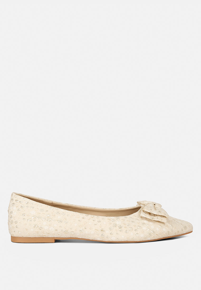 women jacquard bow embellished ballet flats#color_beige
