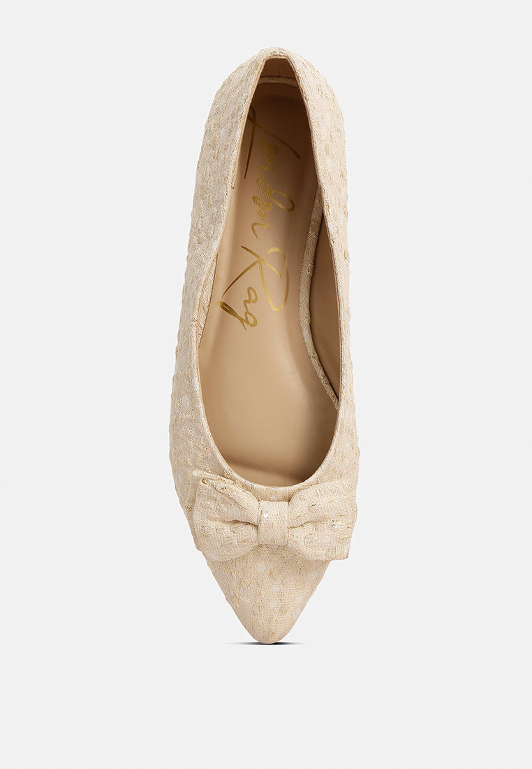 women jacquard bow embellished ballet flats#color_beige