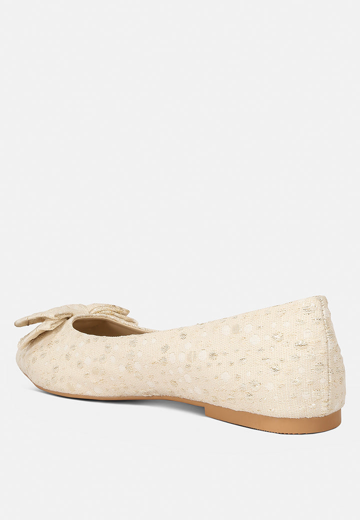 women jacquard bow embellished ballet flats#color_beige
