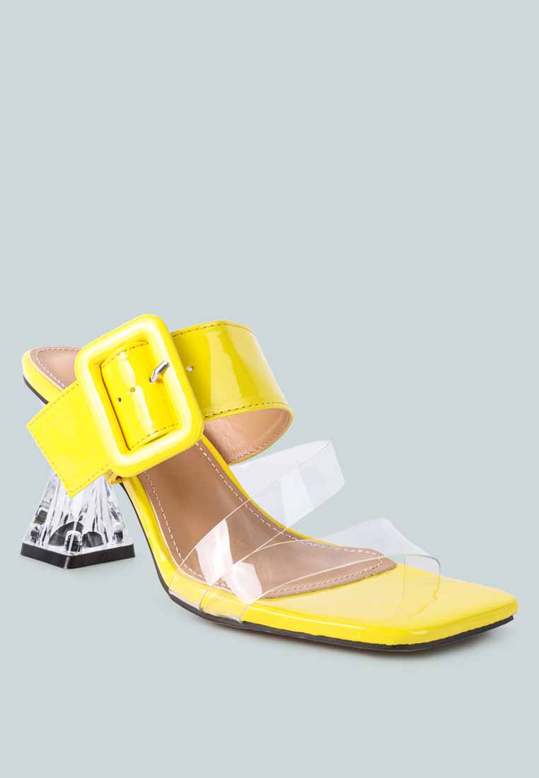 women printed mid heel slide sandals#color_yellow