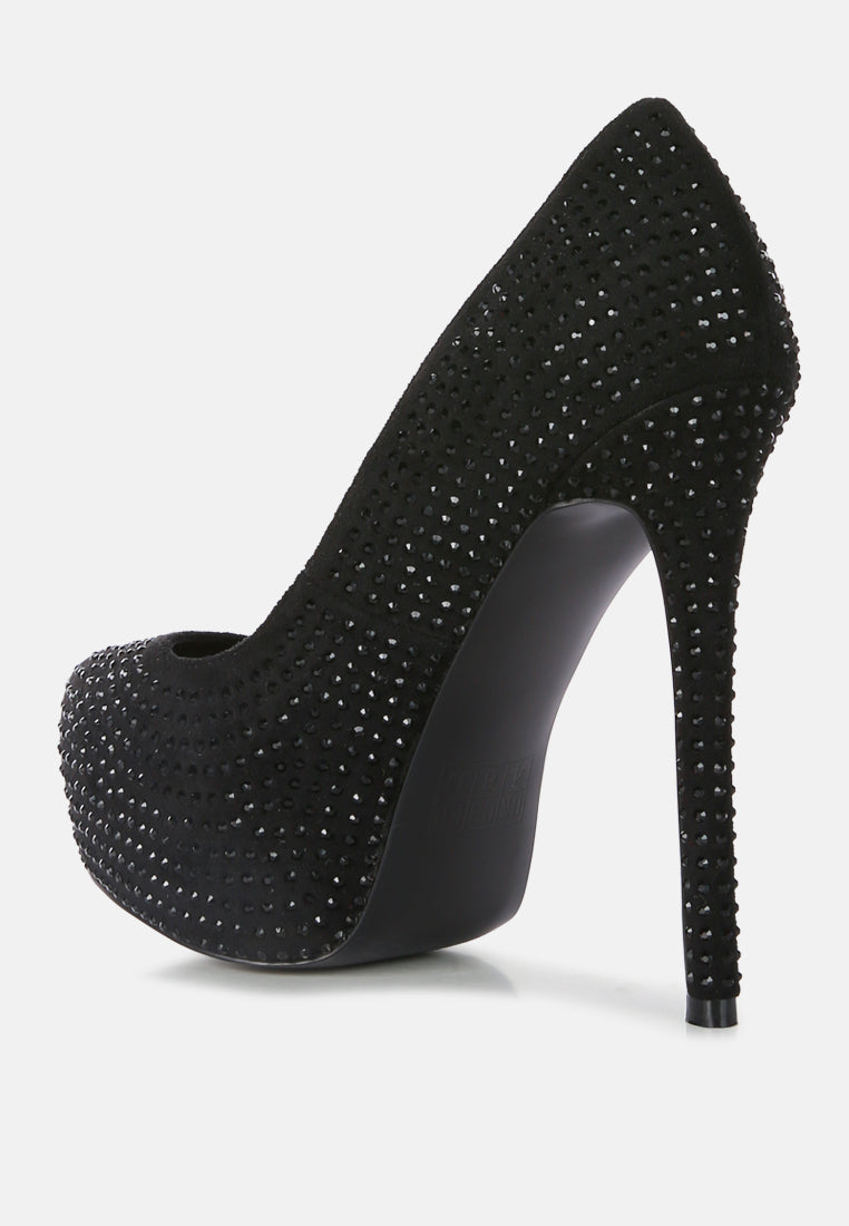 Women Black Heat Set Diamante Pumps