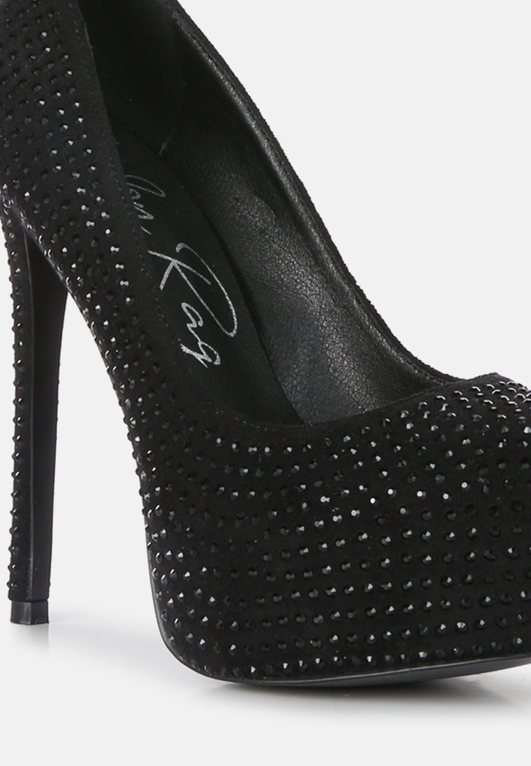 Women Black Heat Set Diamante Pumps