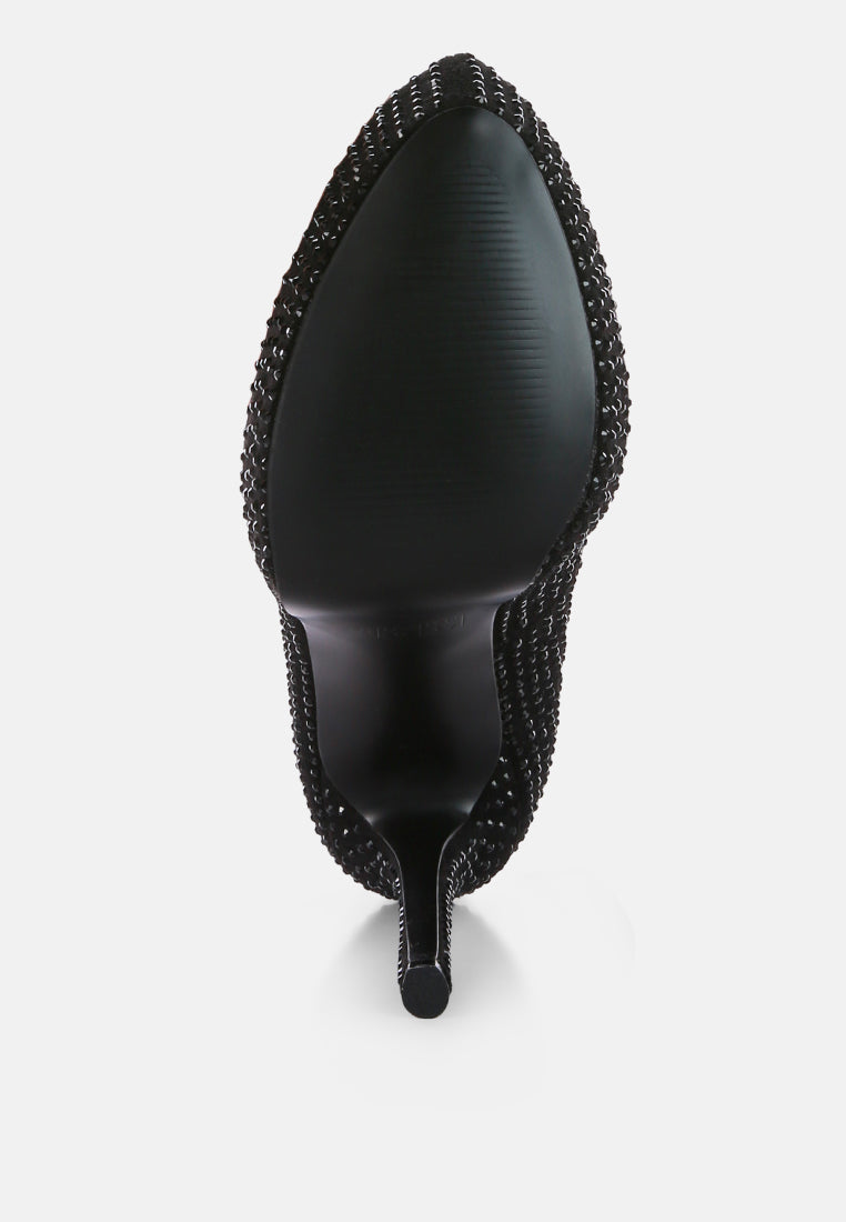 Women Black Heat Set Diamante Pumps