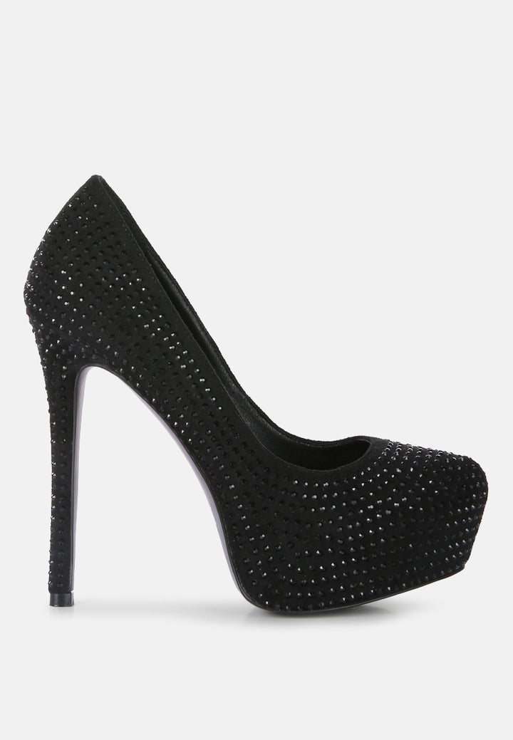 Women Black Heat Set Diamante Pumps