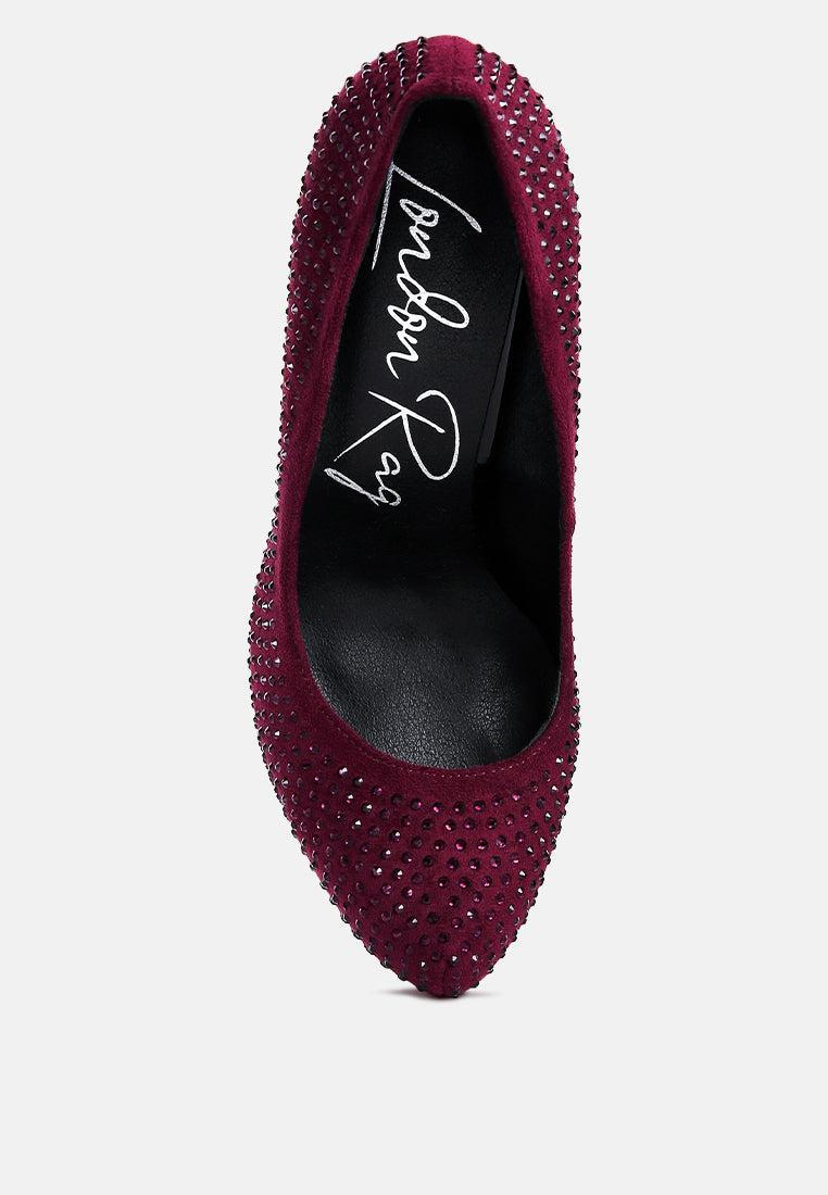 Women Burgundy Heat Set Diamante Pumps
