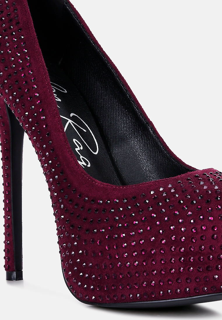 Women Burgundy Heat Set Diamante Pumps
