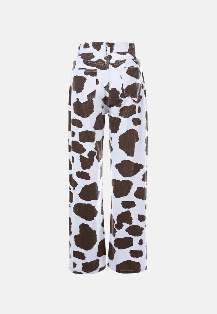 women cow print wide pants#color_brown