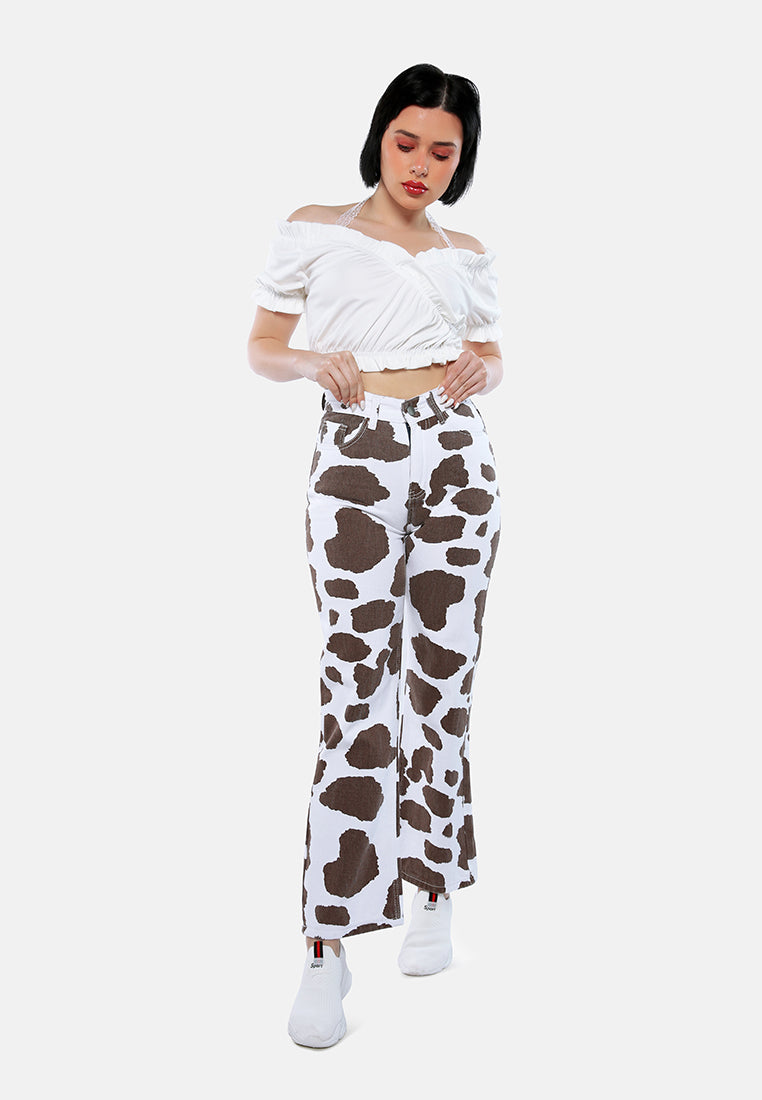 women cow print wide pants#color_brown