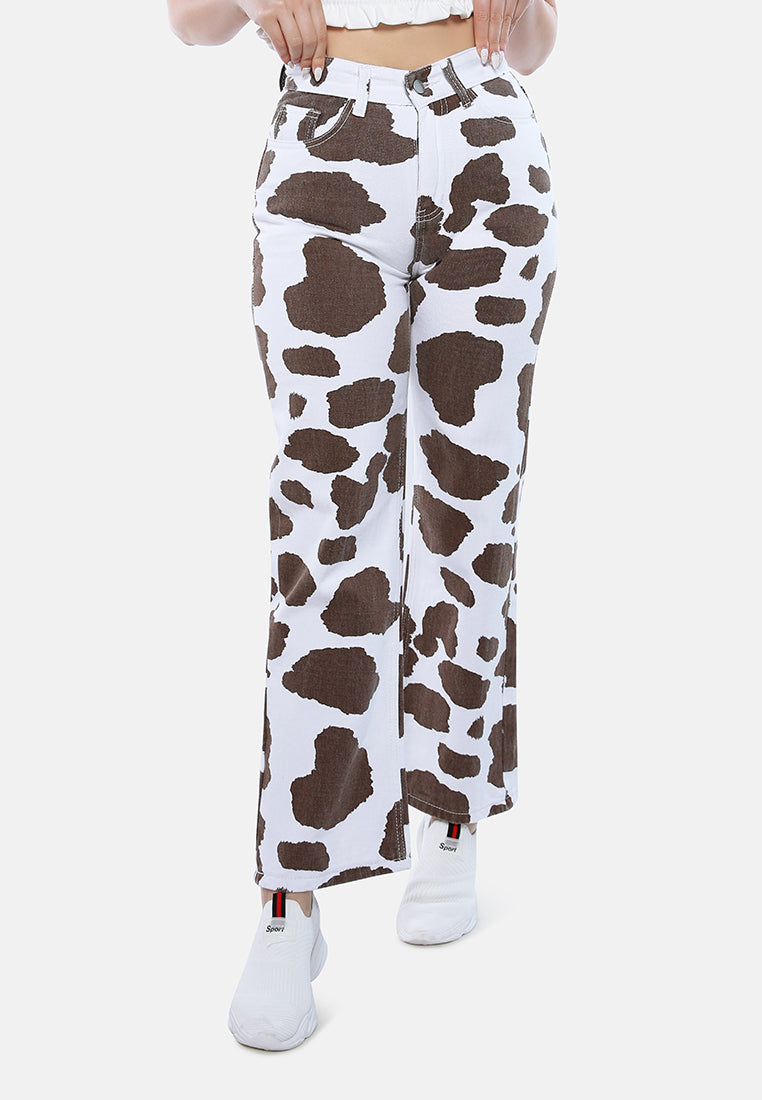 women cow print wide pants#color_brown
