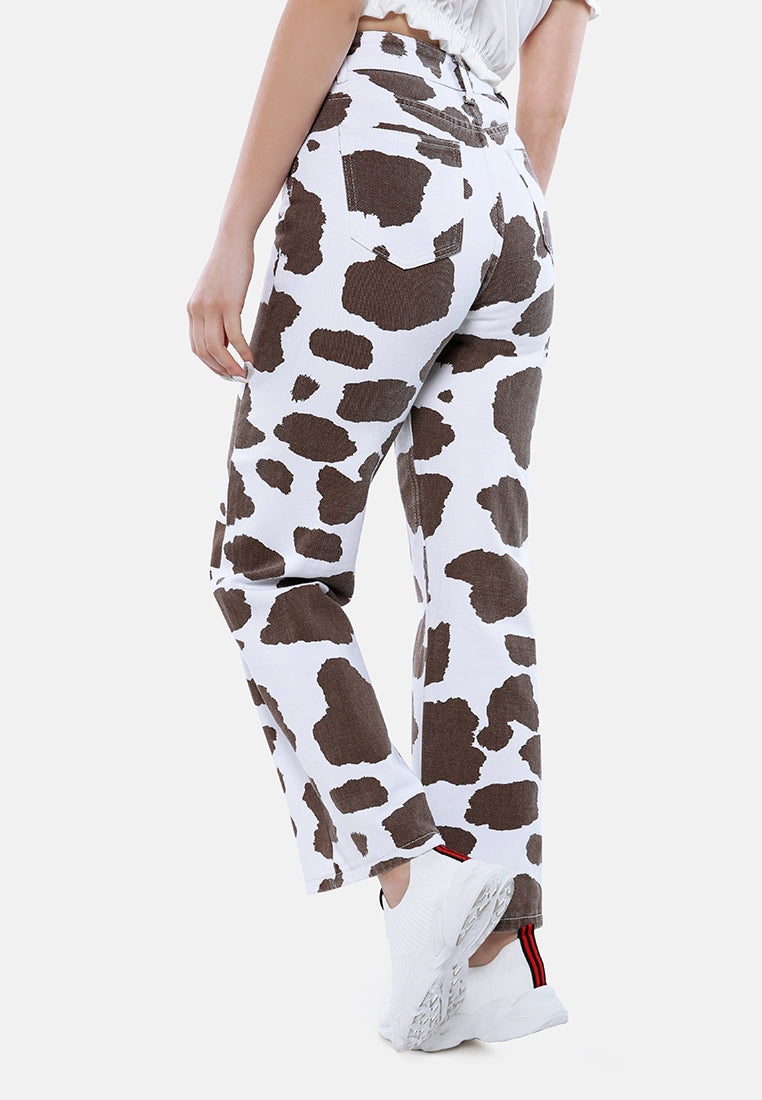 women cow print wide pants#color_brown