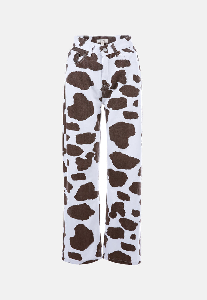 women cow print wide pants#color_brown