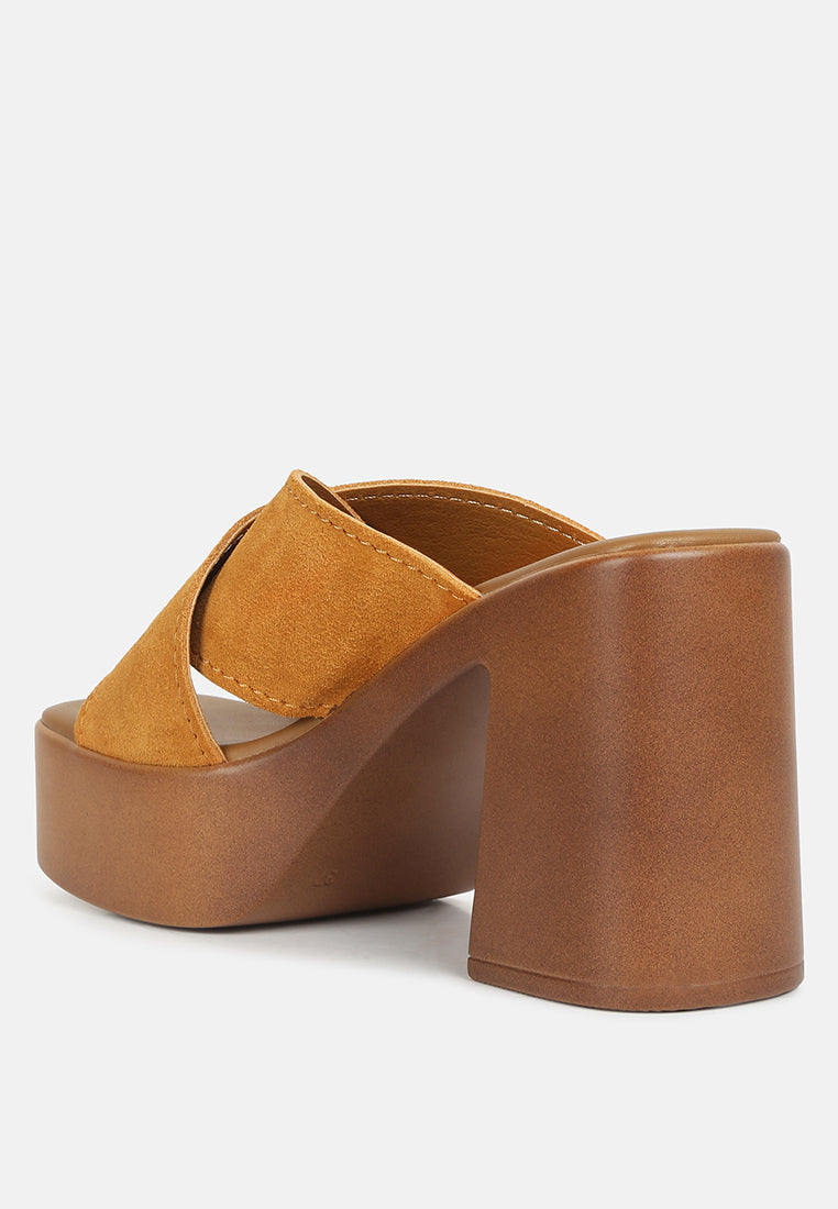 women criss cross strap block heel sandals#color_tan