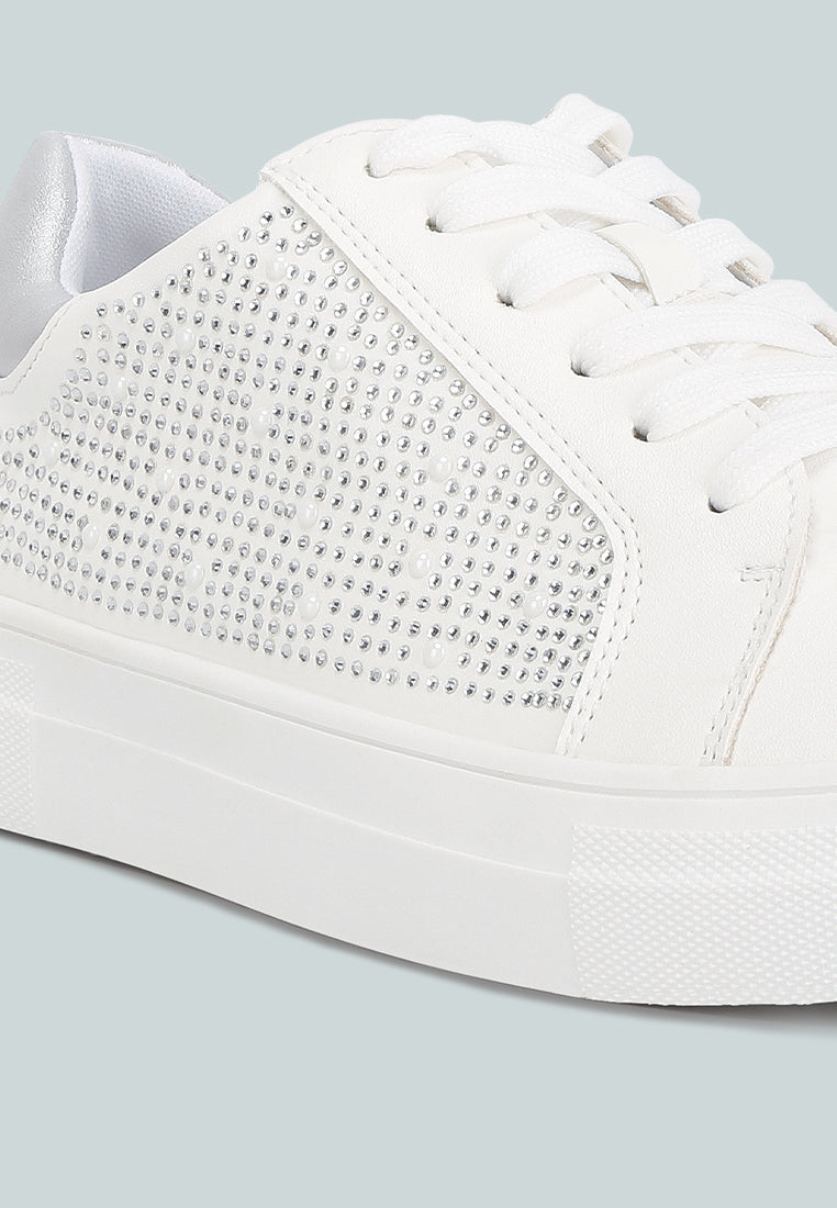 rhinestone & pearl embellished sneakers#color_white
