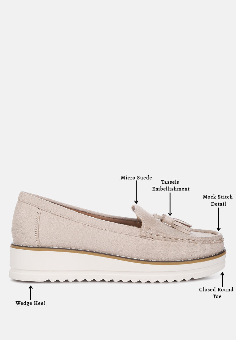 women platform lug sole tassel loafers#color_beige