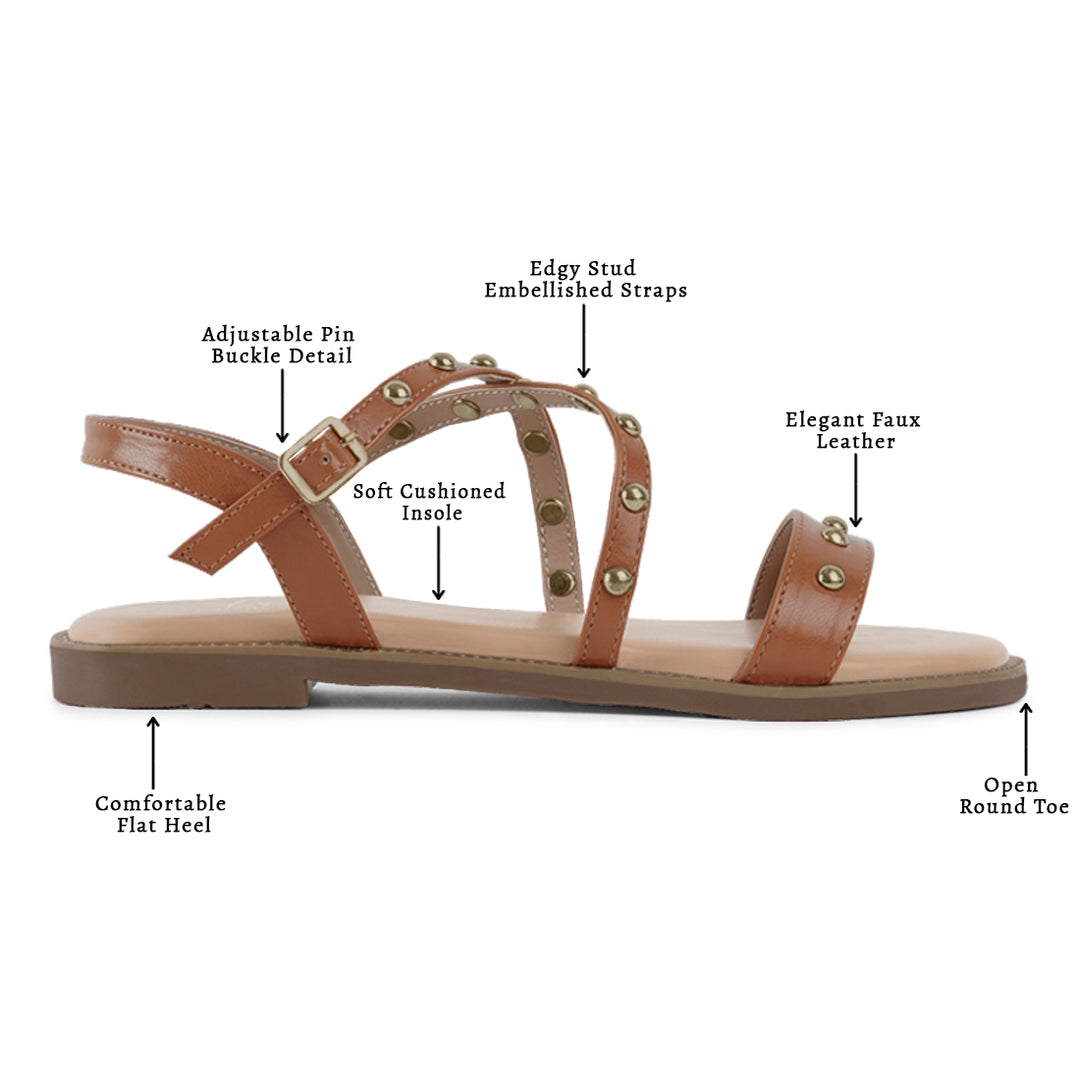 stud embellished strappy flats#color_tan