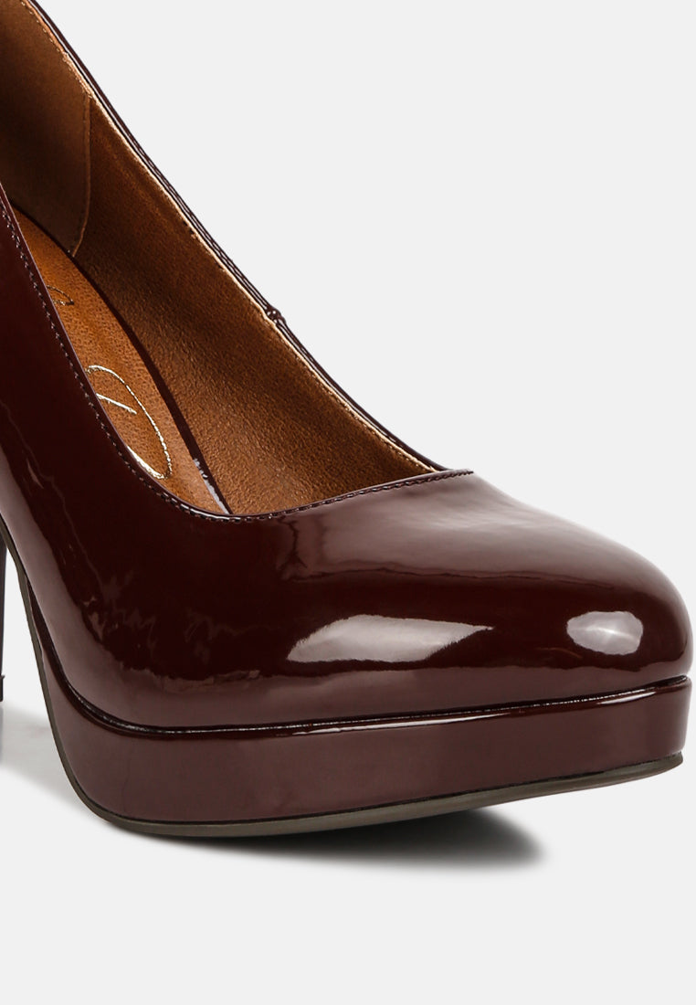 women patent faux leather pump sandals#color_brown