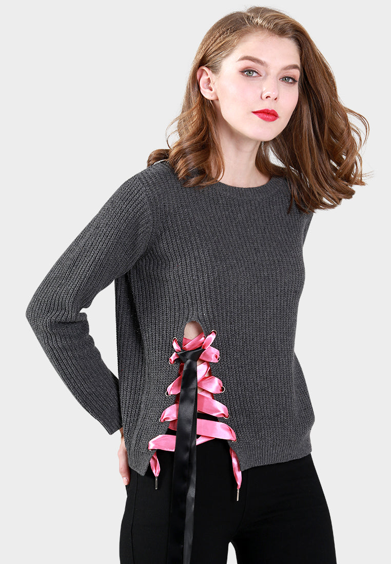 Women Long Sleeve Sweater Draw String Detail
