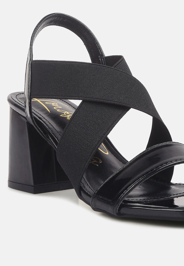 women elastic straps block heel sandals#color_black
