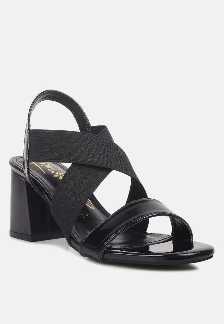 women elastic straps block heel sandals#color_black
