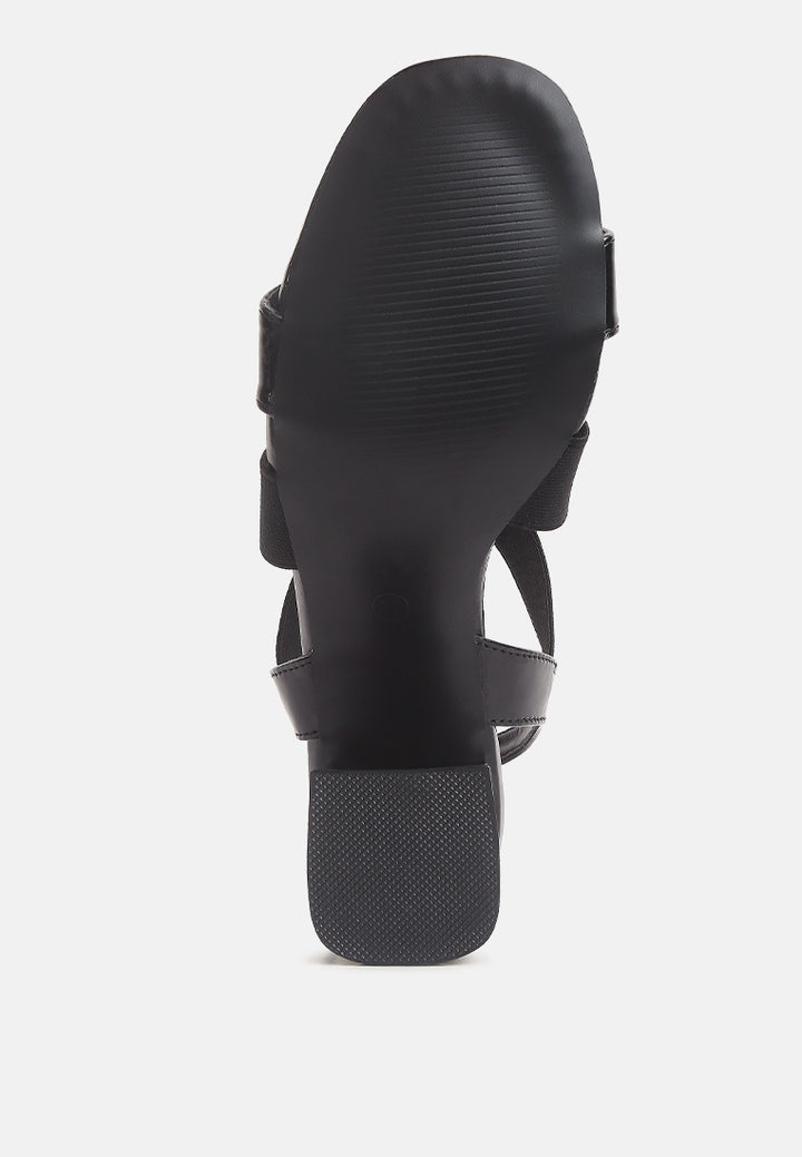 women elastic straps block heel sandals#color_black