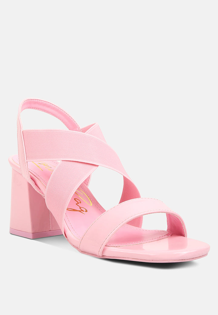 women elastic straps block heel sandals#color_pink