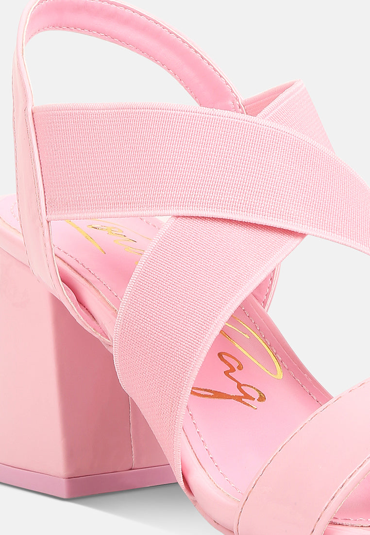 women elastic straps block heel sandals#color_pink