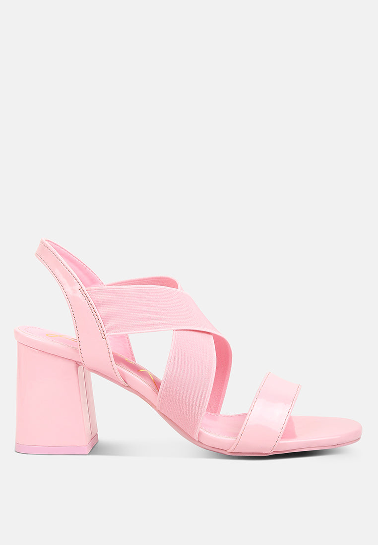 women elastic straps block heel sandals#color_pink