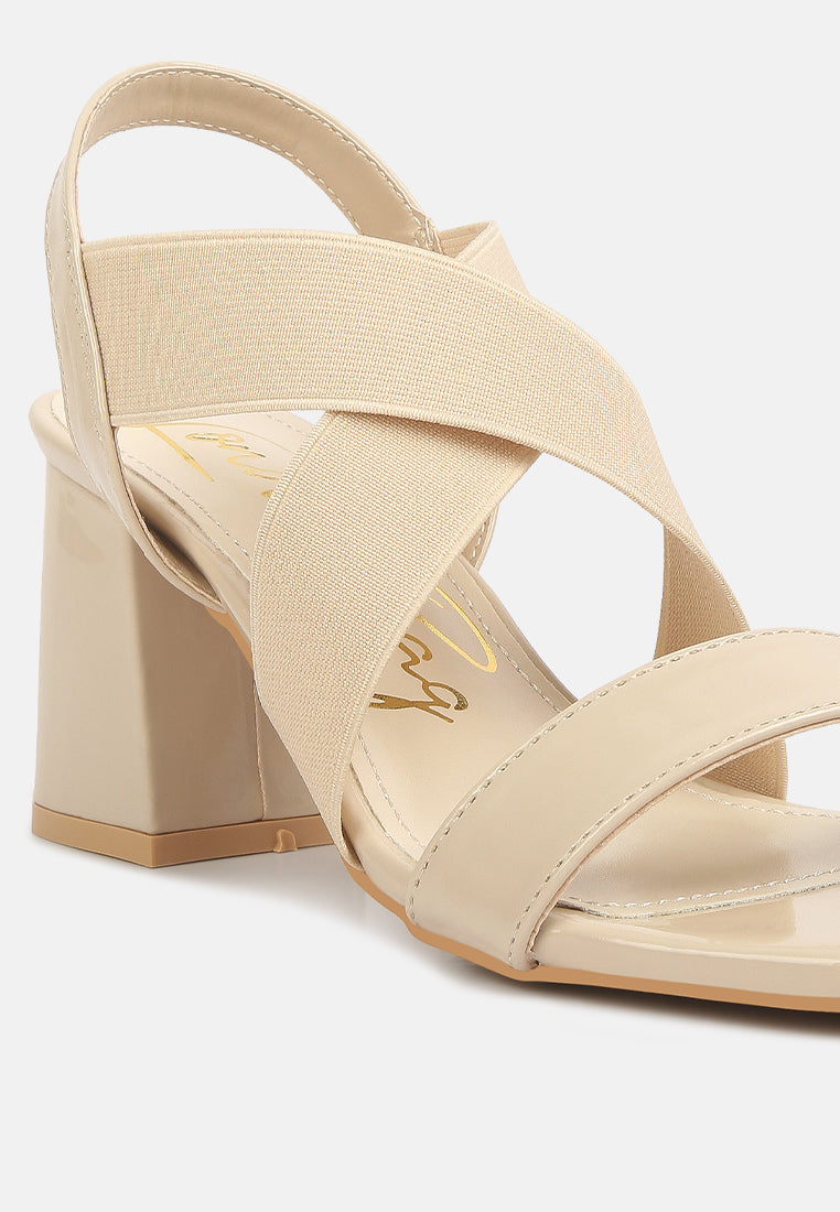 women elastic straps block heel sandals#color_beige