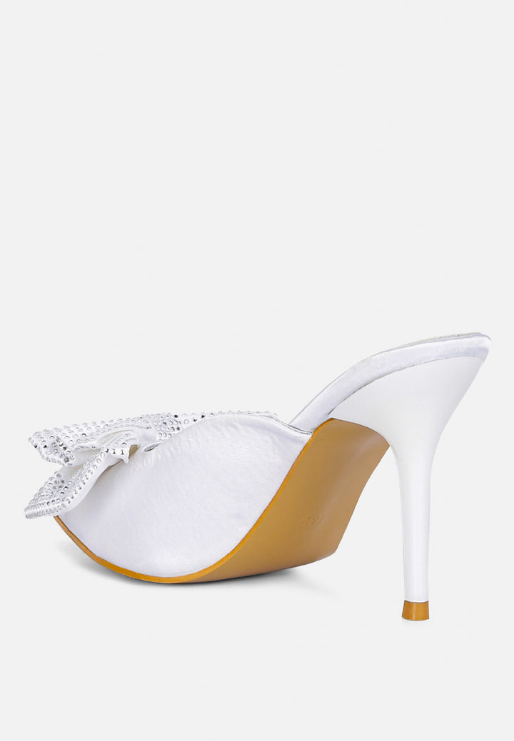 women white diamante bow heeled mules#color_white