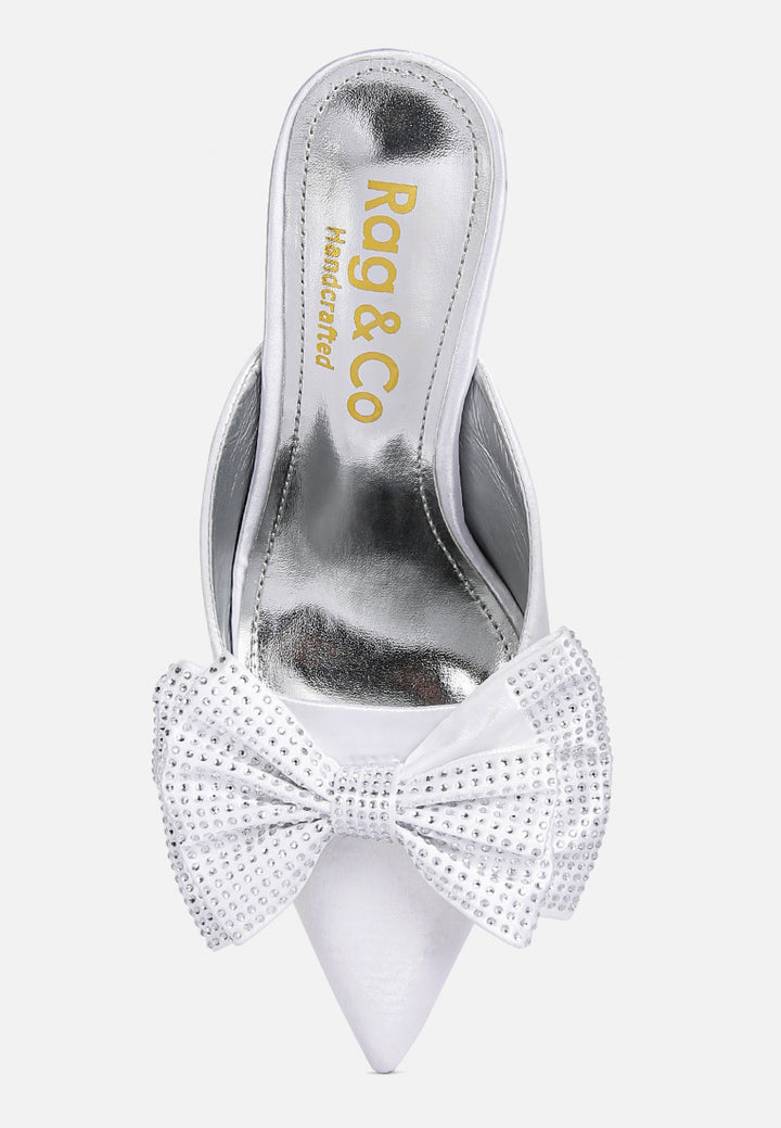 women white diamante bow heeled mules#color_white