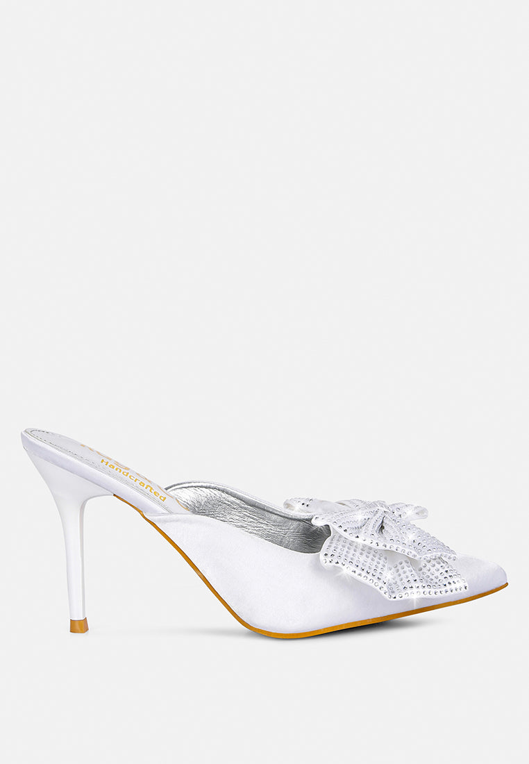 women white diamante bow heeled mules#color_white