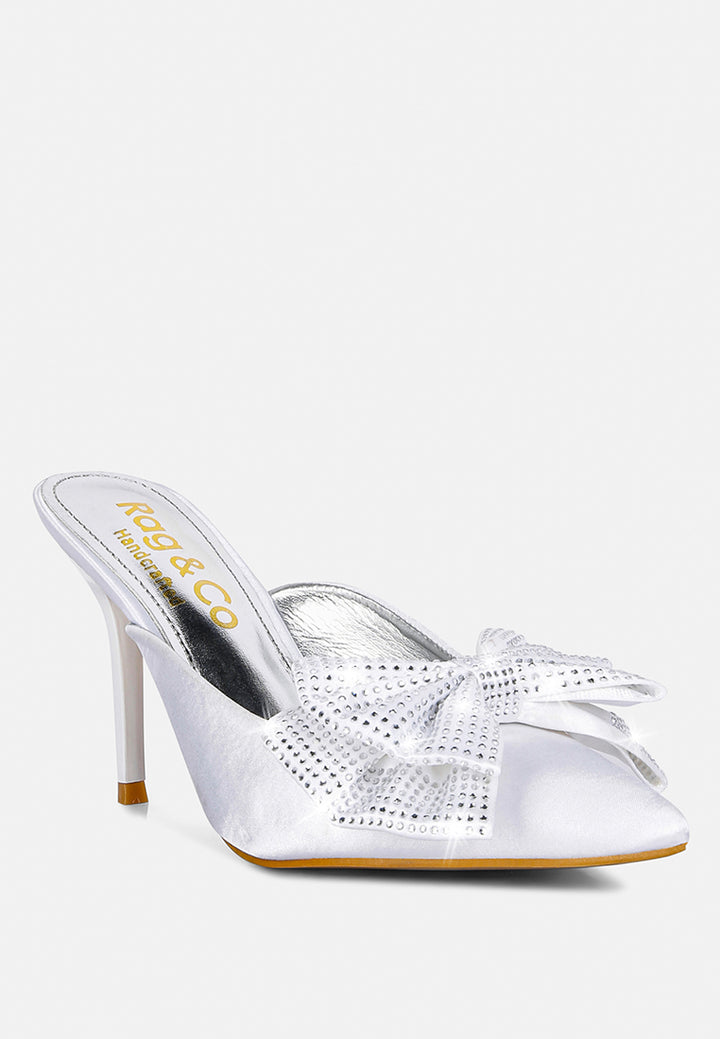 women white diamante bow heeled mules#color_white