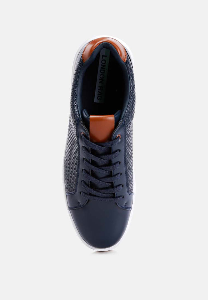 men faux leather embossed lace-up sneakers#color_navy