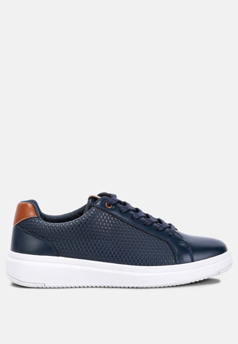 men faux leather embossed lace-up sneakers#color_navy