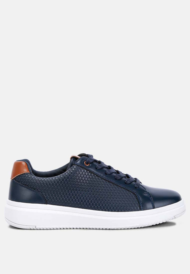 men faux leather embossed lace-up sneakers#color_navy
